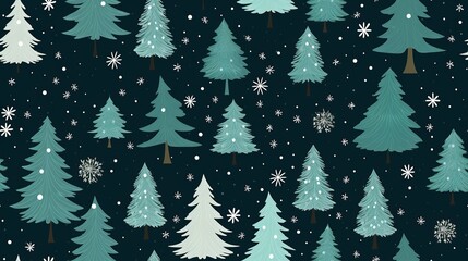 A cartoon winter fairy forest of green coniferous trees. Seamless fairy forest background template. Illustration on a dark green background