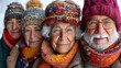 © Suralai - A group of elderly people in winter clothes smile looking at the camera generative ai