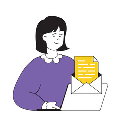 Poster - Recruitment concept with cartoon people in flat design for web. Woman gets business email with job offer and thinking about contract. Vector illustration for social media banner, marketing material.