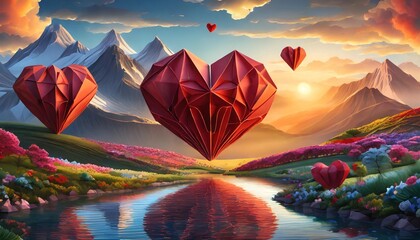 Wall Mural - generativeorigami paper heart valentine day greetings ard