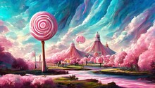 A Digital Painting Of Pink Candy Land With Giant Lollipops