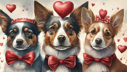 Wall Mural - banner three dogs celebrating valentine s day with a red ribbon on head and a heart shape diadem and bowtie against white background