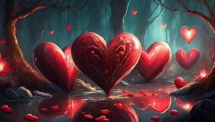 Wall Mural - red hearts against a dark background