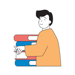 Leinwandbilder - School learning concept with cartoon people in flat design for web. Student with stacks of books making homework, reading at library. Vector illustration for social media banner, marketing material.