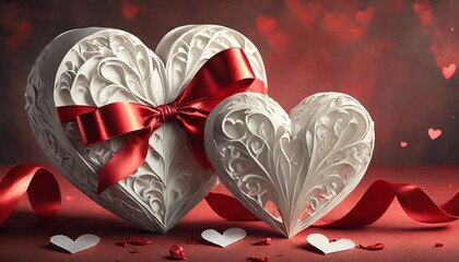 Wall Mural - two white paper valentine card heart with red ribbons and bow on red background with copy space