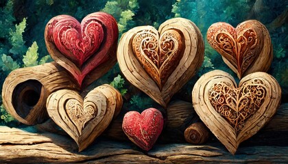 Wall Mural - set of different craft hearts on wooden logs