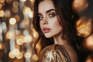 Canvas Print - Young beautiful brunette Caucasian woman with evening makeup wears shiny dress at the party