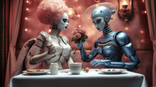 Lovers Robot Sitting In Restaurant. Loving Couple Cyborg And Girl. Romantic Romantic Relationship. Love And Robot Illustration