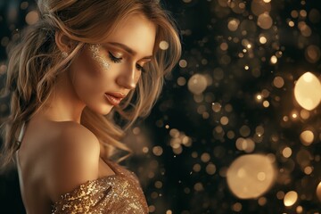 Canvas Print - Young beautiful blonde Caucasian woman with evening makeup wears shiny golden dress at the party