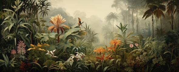 Wall Mural - Painting of a jungle landscape. Watercolor pattern wallpaper.