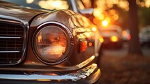 Captivating Blurred Bokeh Effect  Vintage Car Headlights Shine Amidst A Stunning Sunset Backdrop