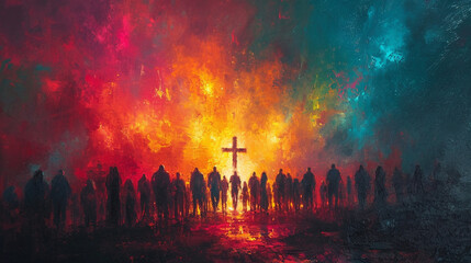 Wall Mural - Road to the Cross, Christian symbol, people go to the cross, illuistration