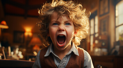 Wall Mural - Toddler having a temper tantrum in a restaurant or cafe. Sad child screaming in anger in public.