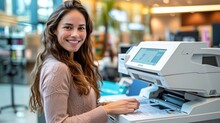 Smiling Office Worker Operating A Multifunction Laser Printer In A Business Office Environment