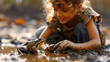 A frog being observed by a curious child in a natural muddy environment