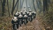 Playful pandas happily ride their bikes along the forest path. Fitness for animals