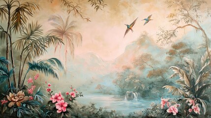 Wall Mural - Old retro wallpaper of a lush jungle landscape.