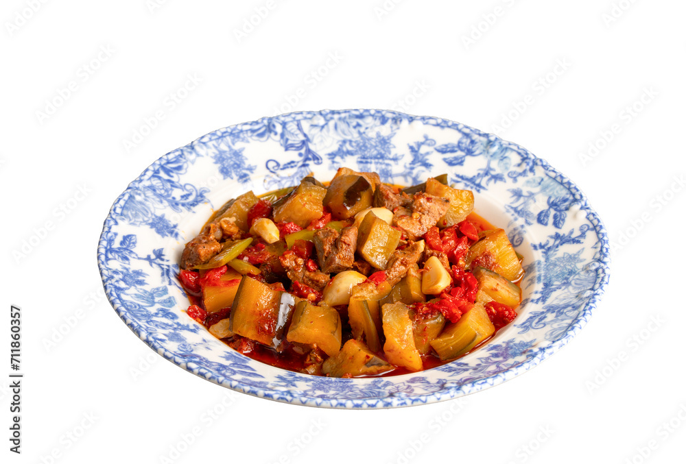 Top view of Turkish dish Guvech - baked meat with eggplant and ...