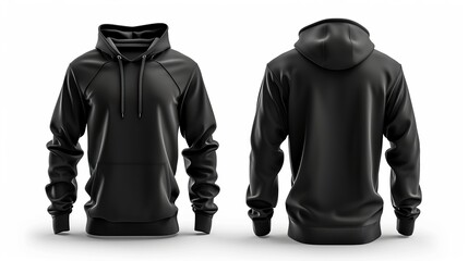 Collection of black front and back view tee hoodies isolated on white background for design mockup