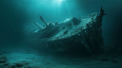 Wall Mural - majestic ship sunk in the depths of the sea with good lighting and destroyed due to its age