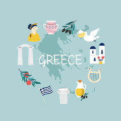Wall Mural - Colorful image, frame art with landmarks, symbols of Greece
