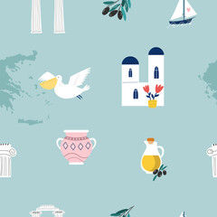 Wall Mural - Seamless pattern with landmarks and symbols of Greece
