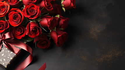 Flat lay composition with beautiful red roses and gift boxes on grey background. Valentine's Day celebration