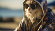 Portrait of cat wearing sunglasses lying on the beach