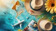 Flat lay of traveler accessories on world map background. Summer travel concept