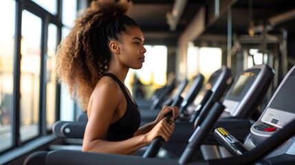 Young black woman on a treadmill at the gym