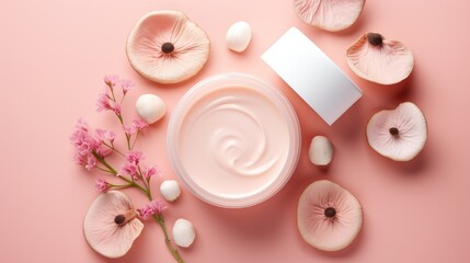 flatly composition of beauty cosmetic product and mushroom on pink background, skincare trend, cosme