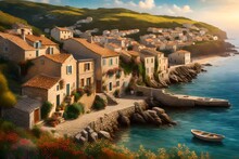Charm Of A Small American Coastal Town, With Charming Houses Nestled Along The Shoreline As Waves Gently Caress The Sandy Beaches In The Early Morning Light