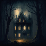 Creepy House at Night Under the Moon - Generative AI Artwork