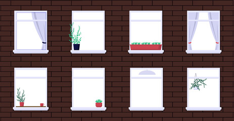 Apartment windows background. Residential building with flowers standing on windowsill and hanging vector curtains