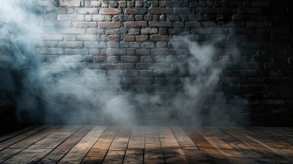Wall Mural - old brick walls of an empty room, smoke, neon light.