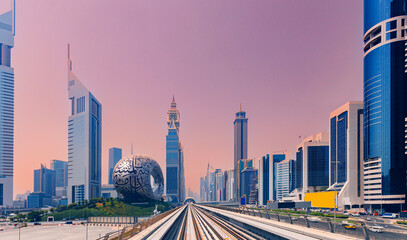 Wall Mural - Dubai cityscape, modern metro railway with skyscrapers, sunset. Famous tourist landmark of city UAE. Metropolitan road and building architecture with urban background