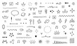 Abstract doodle elements. Hand drawn decorative illustrations in sketch style. Arrows, stars, flowers, hearts, decoration symbols and signs. Vector illustration isolated on white background.