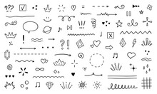Abstract Doodle Elements. Hand Drawn Decorative Illustrations In Sketch Style. Arrows, Stars, Flowers, Hearts, Decoration Symbols And Signs. Vector Illustration Isolated On White Background.