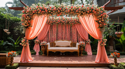 Wall Mural - indian wedding stage decoration with flower arrangements