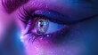 Bright female eye close-up in ultraviolet neon glow, bokeh