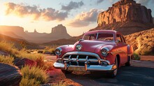 Pink Classic American Car With Grand Canyon Background, Wallpaper