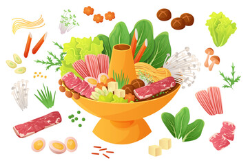 Wall Mural - Chinese food, hot pot set. Steamboat full of gourmet pork and beef meat and vegetable ingredients collection, spicy sauce for cooking traditional dish of Reunion Dinner cartoon vector illustration