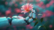 AI Humanoid Robot Delicately Touching A Flower, Plant. Technology And Nature Concept. Robotic Hands And Green Nature Background. 