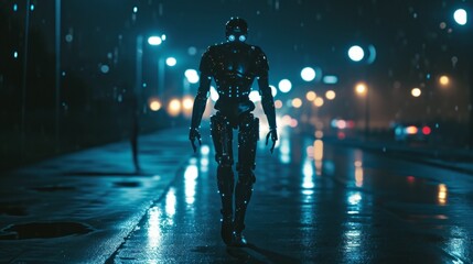Android AI walking in the dark, embracing a retro-futuristic cyberpunk style