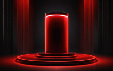 Wall Mural - spotlight on stage, abstract background, dark glowing background with red light in the center, dark glowing background with red light in the center, cylinder pedestal podium display, empty room  