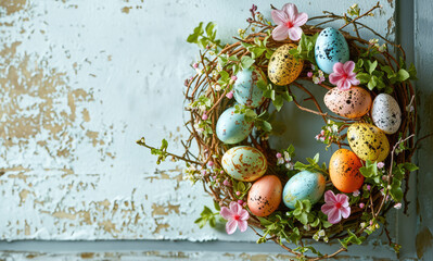 Wall Mural - Easter Wreath with Pastel Eggs and Spring Flowers, Festive Decoration on Blue Wooden Surface