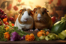 A Vivacious Pair Of Guinea Pigs Nibbling On Fresh Vegetables, Exemplifying The Charm And Sociability Of These Small, Furry Creatures. Concept Of Guinea Pig Camaraderie. Generative Ai.