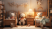  A Twin Babies' Room With Matching Cribs, Featuring Coordinated Decor And Stuffed Animals, Creating A Heartwarming And Harmonious Scene In Realistic HD Detail.