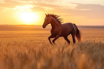 Wall Mural - Brown horse running gallop in wheat field, sunset sky, glowing horizon, picture for chinese year of horse