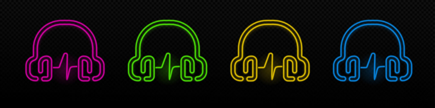 Dj headphones neon vector icon. Audio sound glowing laser lamp symbol